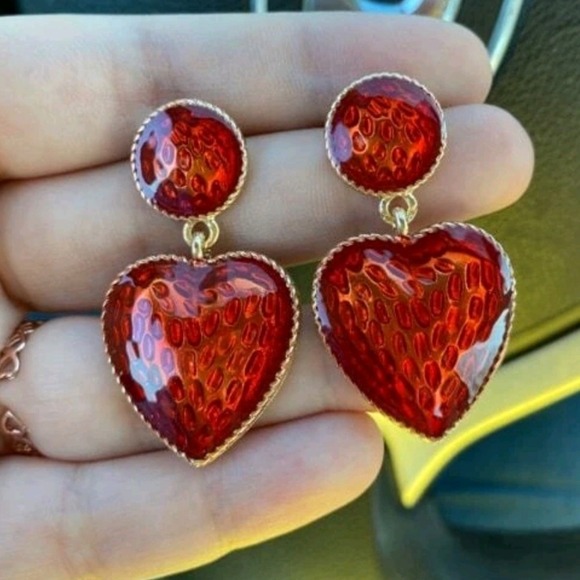 Gold Red Heart earrings strawberry drop dangle retro rockabilly pinup 💖2/$30 - Picture 9 of 15